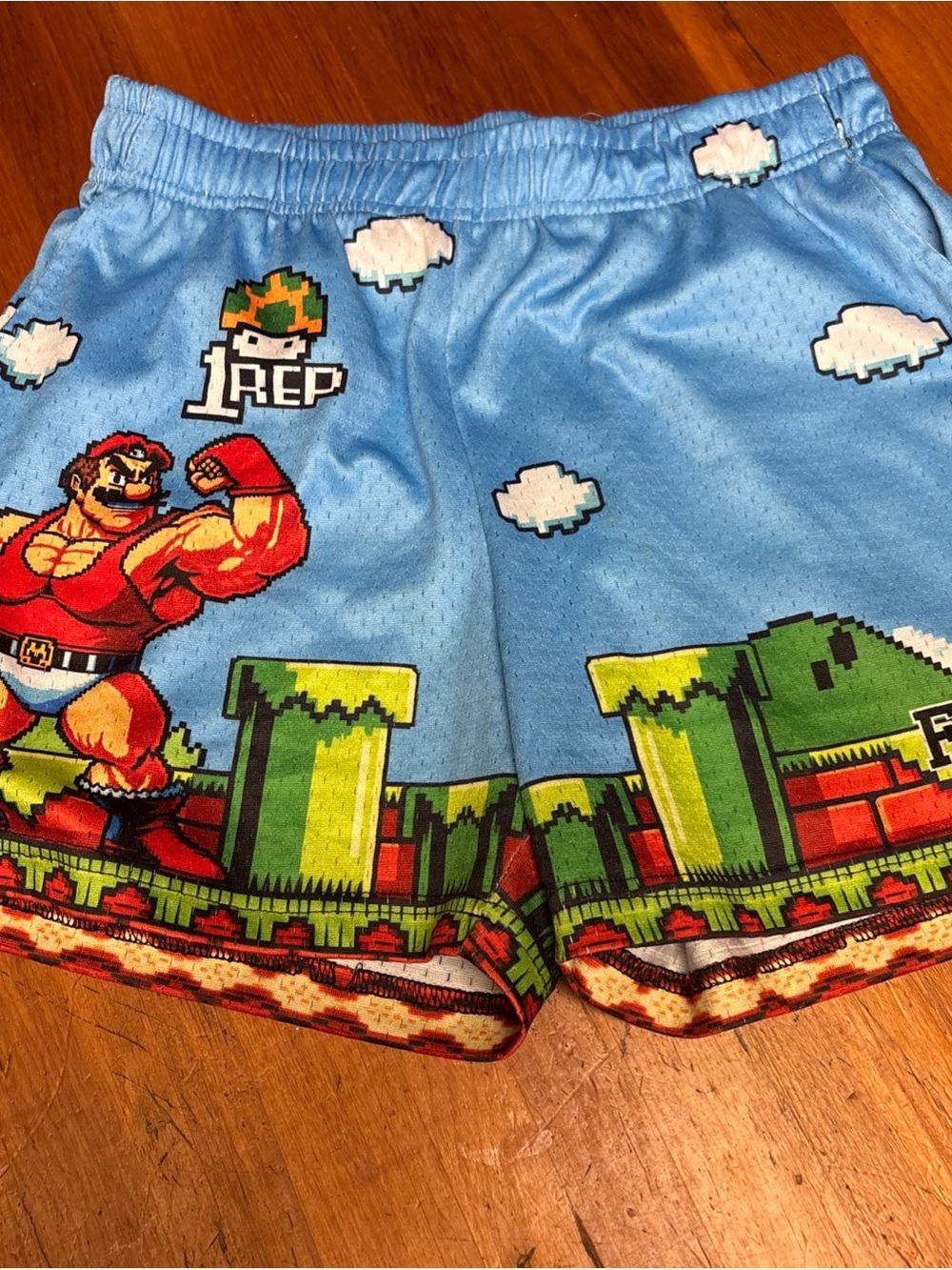 Nintendo Men's Light Blue Retro Pixel Gamer Athletic Shorts